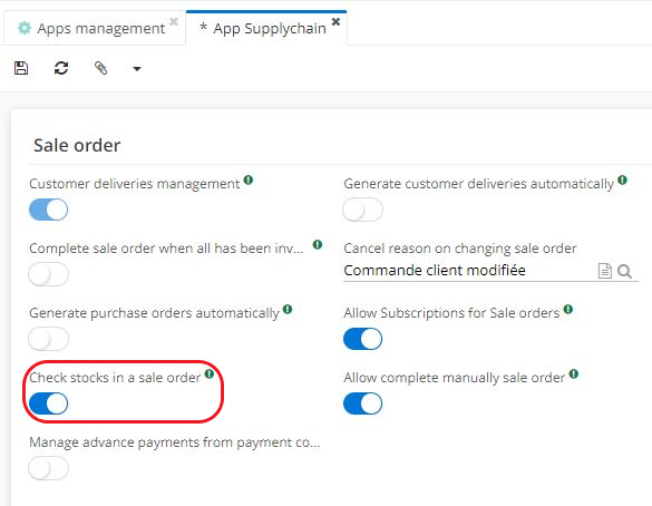 1.1. On the Supplychain App page, activate the “Check stocks in a sale order” option in order to be able to check stocks on the sale quotation file (Access: Application config → Apps management → Supplychain module, configure).